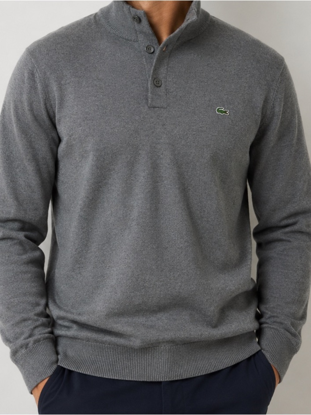 Lacoste Mock Neck Pullover Sweater Mens XL (6) Gray Croc Logo Cotton Preppy